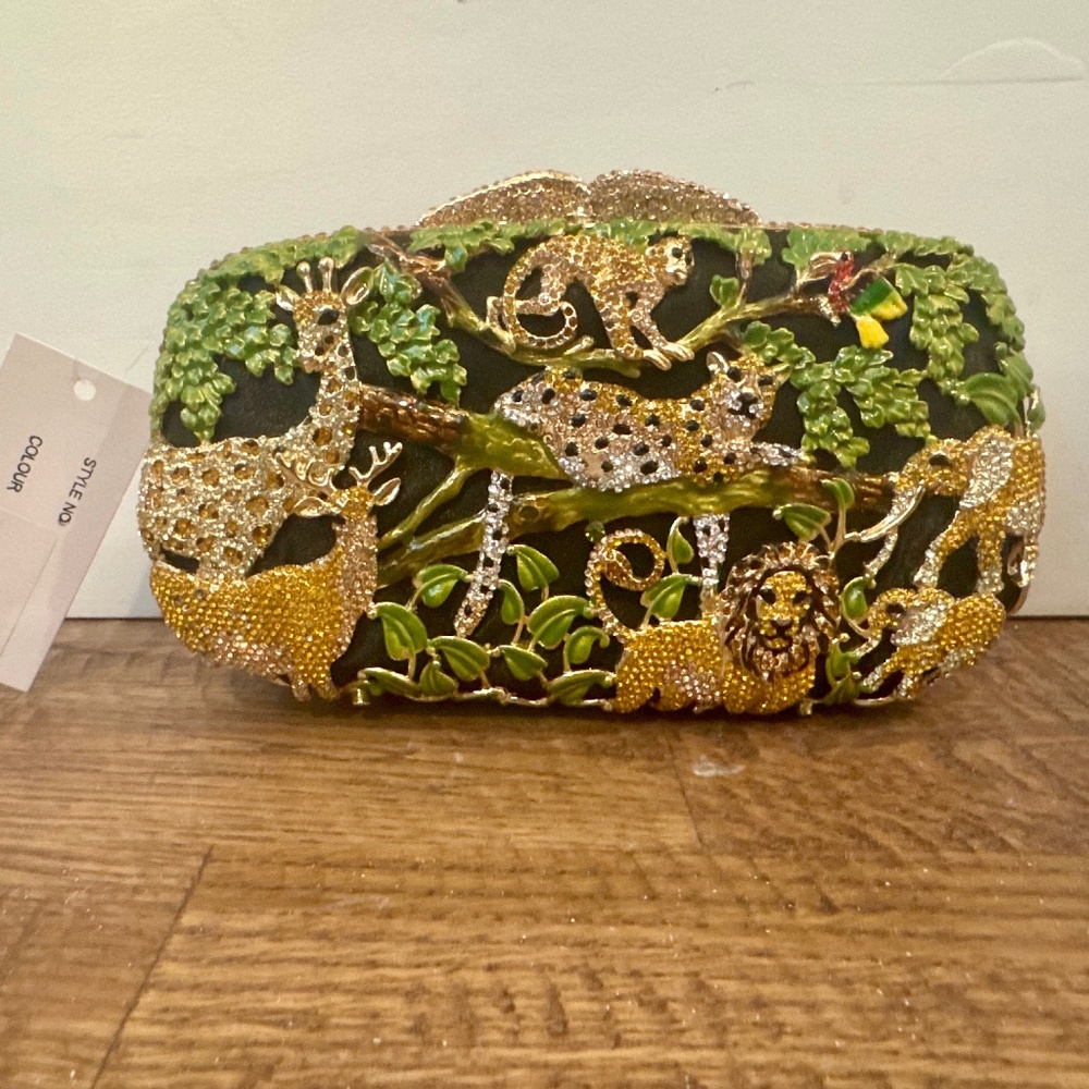 NWT Luxmob Swarovski Crystal Jungle Clutch Leopard Giraffe Purse C